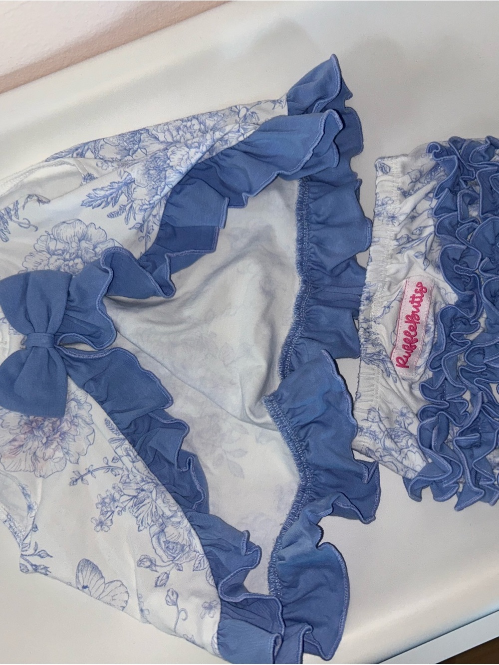 Ruffle Butts Blue and White Floral Ruffle Matching Set - Picture 2 of 3